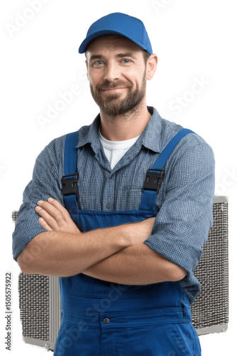 Skilled HVAC technician stands confidently with arms crossed against a clear backdrop