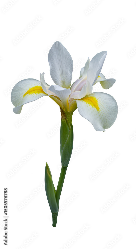 Fototapeta premium Isolated White Iris Photo with Yellow Accents and Green Stem on Transparent Background