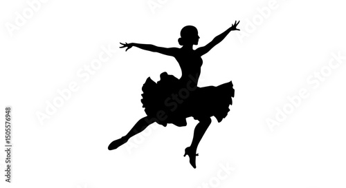 Silhouette of a woman in a tutu dancing, on a white background, with copy space