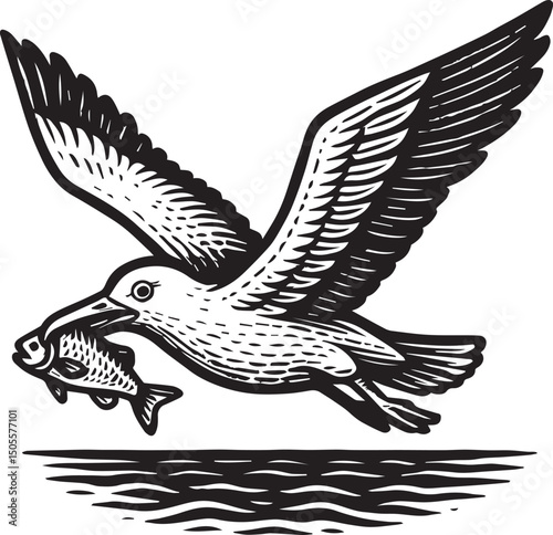 seagull flying with a fish in its mouth vector illustration