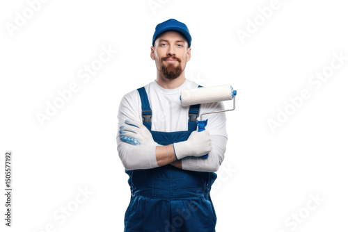 Skilled wall painter showcases expertise with paint roller and confident smile