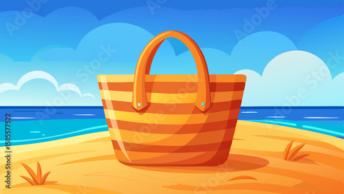 An orange beach bag with curved handles stands upright on soft sand, with the blue sea in the background, symbolizing a perfect summer vacation object and coastal accessory.