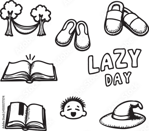 Lazy day illustrations hammock books slippers and witch hat