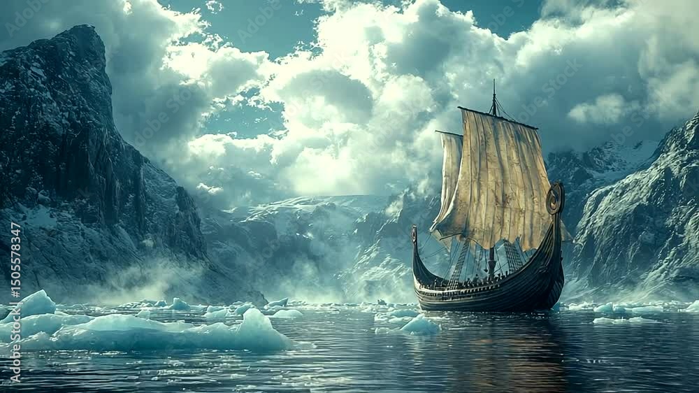 Viking longship in icy fjord landscape