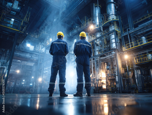 Two Engineers Observing Machinery in a Modern Industrial Facility
