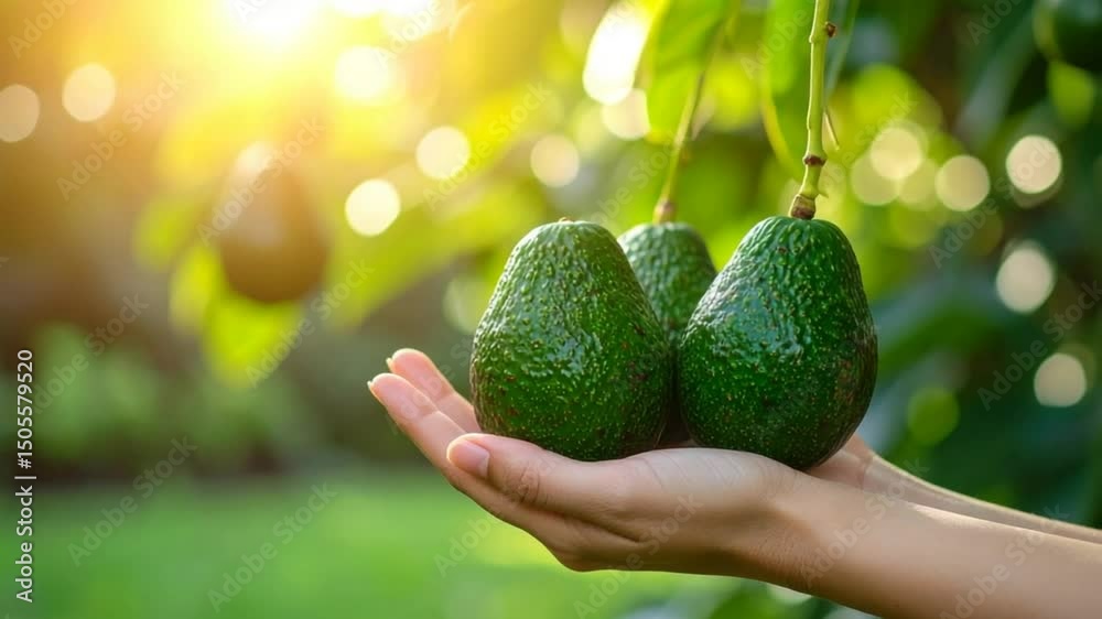 Hand holding ripe avocados on tree with sunlight