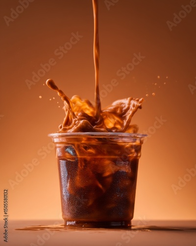 Close-up of caramel iced latte in a transparent cup showcasing swirling coffee texture blending with creamy milk, condensation droplets on the glass surface, commercial product photography