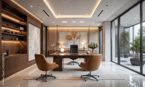 High-end corporate office with a glass desk, leather chair, and elegant wood accents. Task lighting highlights the desk area, while ambient lighting fills