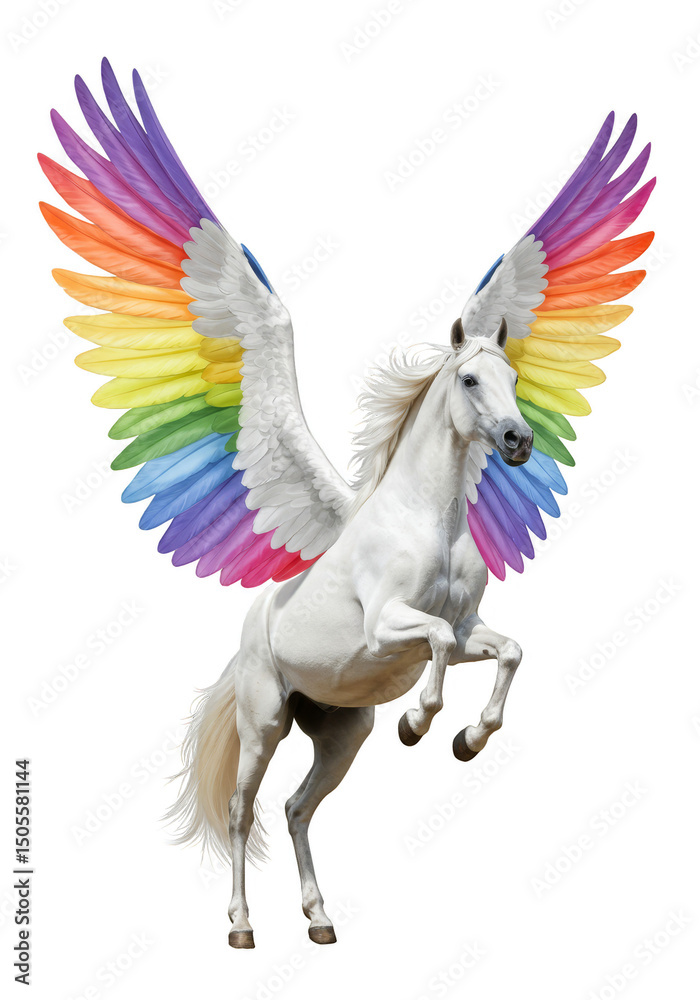Obraz premium Illustration of Pegasus with Rainbow Wings Flying on Transparent Background