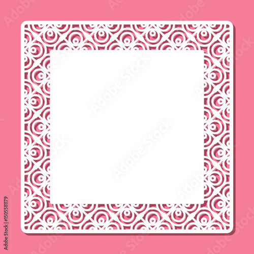 Form with openwork edge. Square sheet, certificate, blank for card, invitation, congratulations with abstract pattern. Copy space, empty space for text. Template for plotter laser cutting of paper.