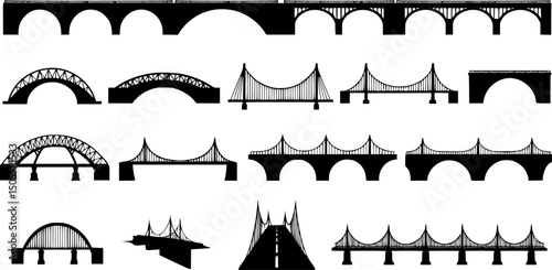 Bridges silhouette perspective vector icon set, bridges constructions, Isolated silhouette bridges icon set