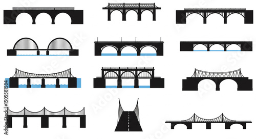 Bridges silhouette perspective vector icon set, bridges constructions, Isolated silhouette bridges icon set