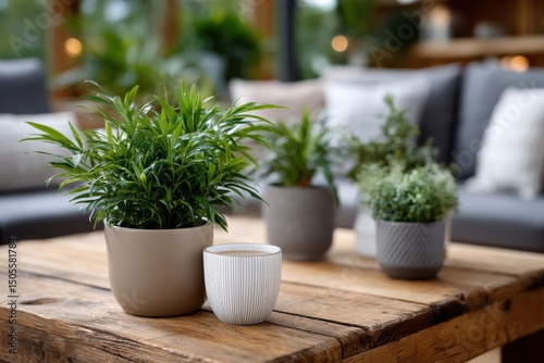 This bright image showcases an array of vibrant indoor plants placed decoratively, highlighting the trend of incorporating greenery into home decor for a refreshing atmosphere. photo