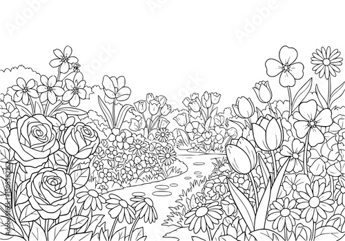 floral design with vintage flowers leaves and butterflies. Coloring pages.