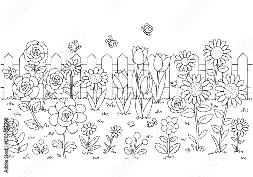 floral design with vintage flowers leaves and butterflies. Coloring pages.