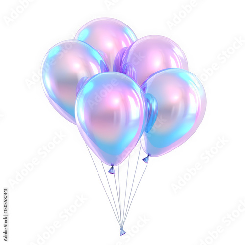 Chrome balloons in Y2K holographic liquid metal style. Reflective shape, pastel rainbow glow, metallic surface, futuristic glossy element.