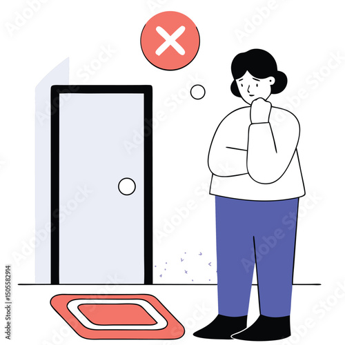 A person considering a decision with a red x above a closed door