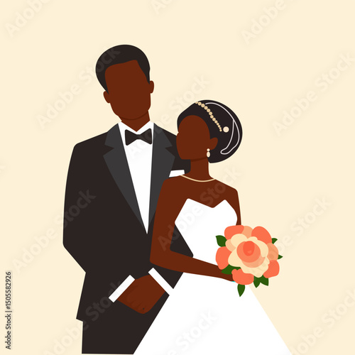 An African American couple getting married on their wedding day isolated on a light background. Black man in a suit and a woman in a dress feeling in love on their special day