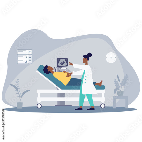 A pregnant black woman having an ultrasound at a gynecologist to checkup on fetal development isolated on a white background. African American family doctor doing a routine pregnancy scan at a clinic
