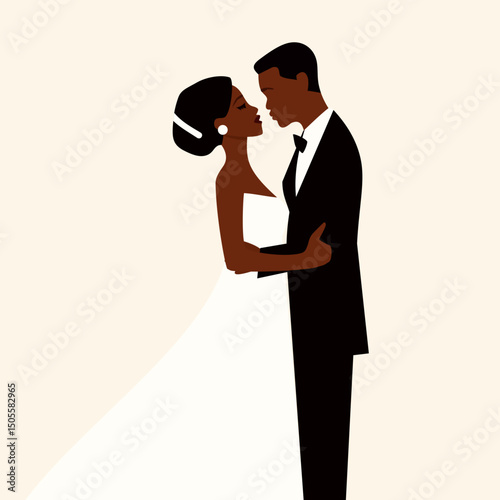 An African American couple getting married on their wedding day isolated on a light background. Black man in a suit and a woman in a dress feeling in love on their special day