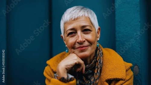 Thoughtful older woman with short silver hair enjoying a moment of reflection against a vibrant blue backdrop while wearing a cozy mustard-yellow jacket