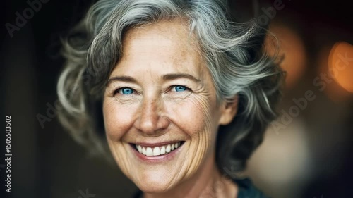 Smiling Older Woman with Curly Gray Hair in Natural Light Setting Showing Joy and Confidence with Soft Background Highlights