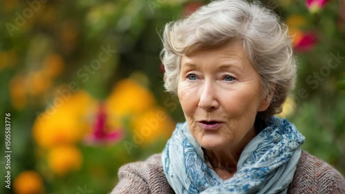 Joyful senior woman enjoying nature in a vibrant flower garden, expressing happiness and serenity with colorful blooms in the background