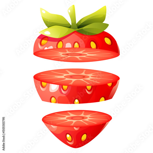 Vector illustration of a strawberry sliced into segments, showing the fruit structure. The bright red color, green leaves, and yellow seeds create an appetizing image.