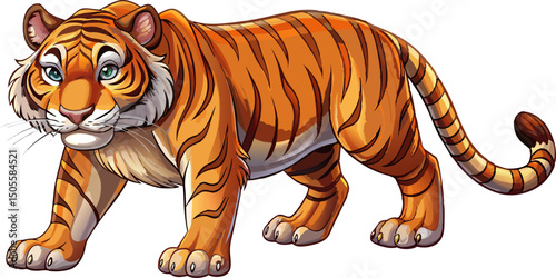 The appeal of this illustration. A majestic cartoon tiger stands tall in this image, sporting a striking combination of orange and black, complemented by a pair of eye-catching green glasses.