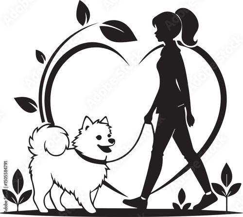 Stylish vector silhouette of a woman walking her fluffy dog framed in a heart and leaves. Perfect for pet care, dog walking services, and love for animals