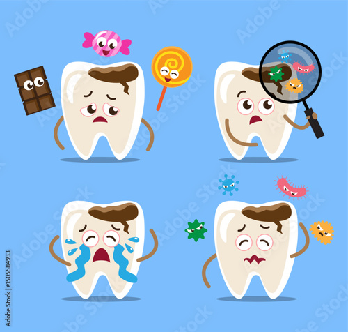 Tooth decayed or Dental caries . Set of teeth cartoon characters . Isolated on blue background . Vector .