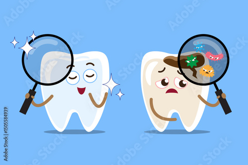 Healthy tooth and decayed tooth hold magnifying glass and seen microorganisms . Cartoon character . Isolated on blue background . Vector .