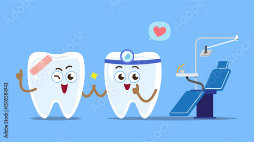 Dentist and patient beside dental chair in clinic . Cartoon character . Isolated on blue background . Vector .