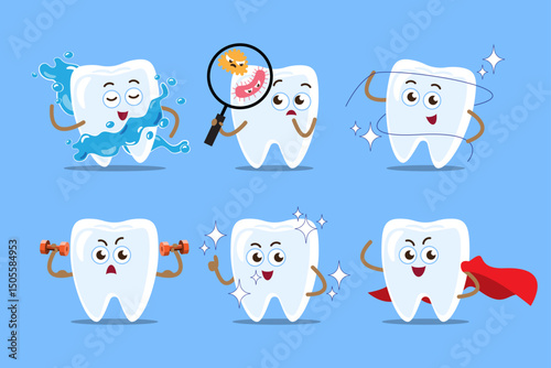 Healthy tooth cartoon character illustration . Isolated on blue background . Vector .