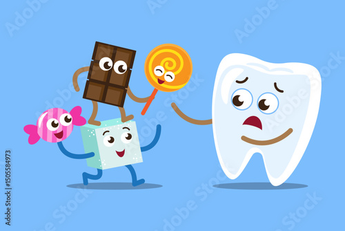 Tooth and Dessert cartoon characters . Isolated on blue background . Vector .