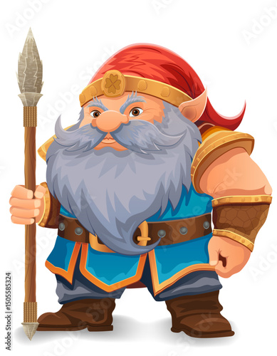 cartoon fantasy dwarf character with a bright blue beard and armor wearing an orange hat he stands firmly with a determined expression the design is a colorful vector illustration emphasizing fantasy 