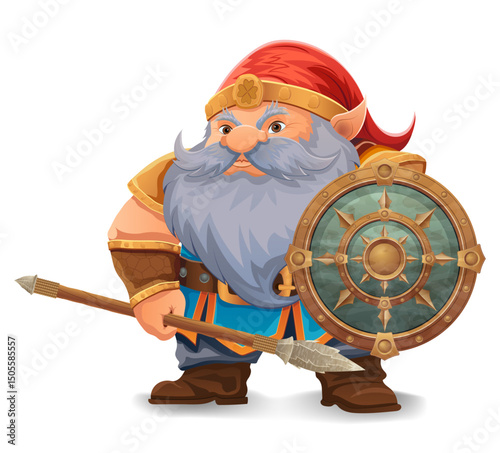 cartoon fantasy dwarf character with a bright blue beard and armor wearing an orange hat he stands firmly with a determined expression the design is a colorful vector illustration emphasizing fantasy 