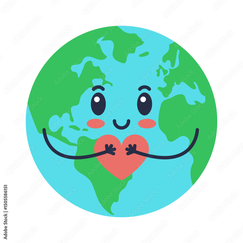 Fototapeta premium Cartoon-style illustration of a smiling Earth character holding a red heart. Isolated on white background. Symbol of love, care, and environmental awareness. Flat vector.