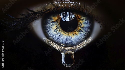 A close-up of a human eye with a tear hanging from the lower eyelid, highlighting intricate iris patterns and reflections.