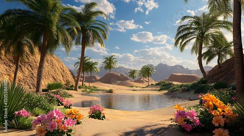 Desert Oasis Landscape with Palm Trees and Flowers, Serene Sandy Scene under Blue Sky