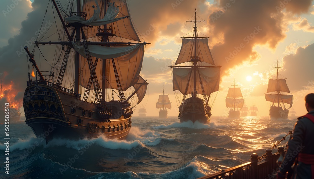 Obraz premium Historic sailing ships at sunset during naval expedition