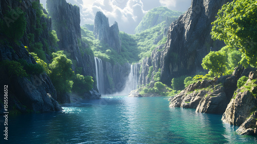 Waterfall Landscape Scenery with Turquoise Water Green Forest Rocky Cliffs and Clouds Nature Adventure Travel Serene Calm Beautiful Majestic Breathtaking