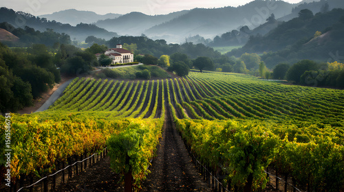 Vineyard Landscape Napa Valley Scenery with Rows of Grapes, Rolling Hills, Estate Villa, and Serene Atmosphere in California Wine Country