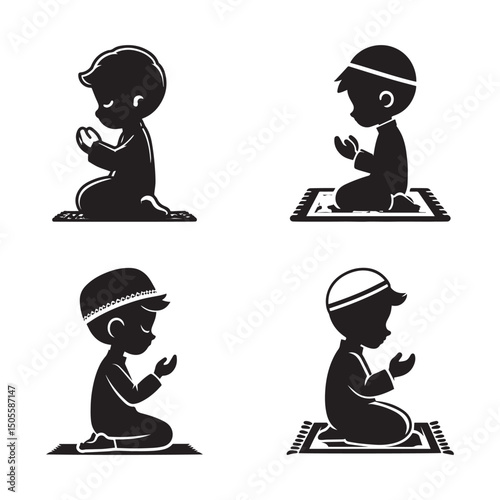 Silhouette of a Muslim boy praying vector on white background.