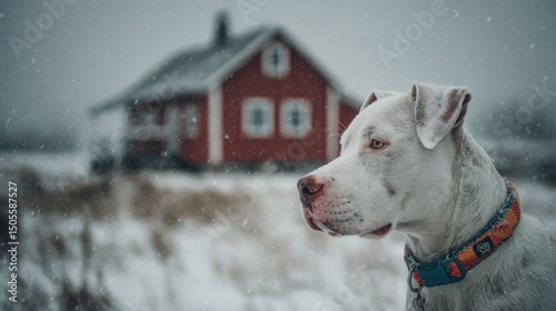 Serene winter: A thoughtful dog contemplating life outside a snowy cabin photo