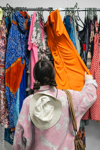 Young woman choosing clothing at a thrift store, sustainable and reused fashion.