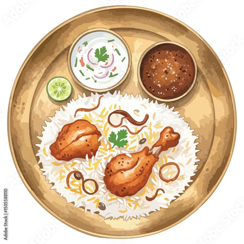 Plate of chicken biryani with Raita and Mirchi ka Salan 
Isolated on Transparent Background – Watercolour Illustration