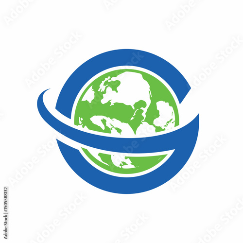 Global Earth Logo Design – Green and Blue Planet with Orbit Ring