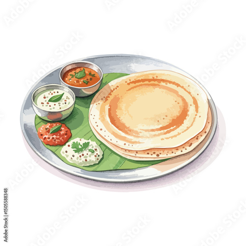 Plate of Dosa with Chutney Isolated on Transparent Background – Watercolour Illustration