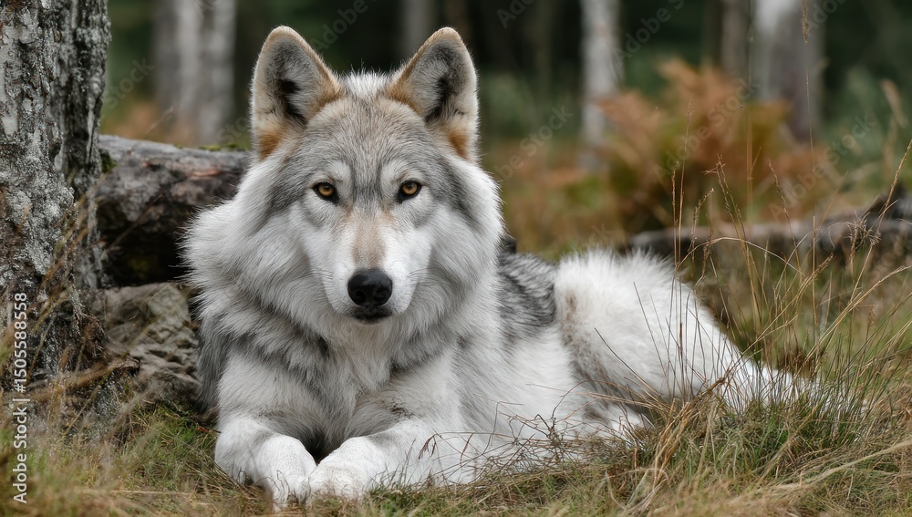 Obraz premium Captivating portrait of a majestic grey wolf resting peacefully in nature